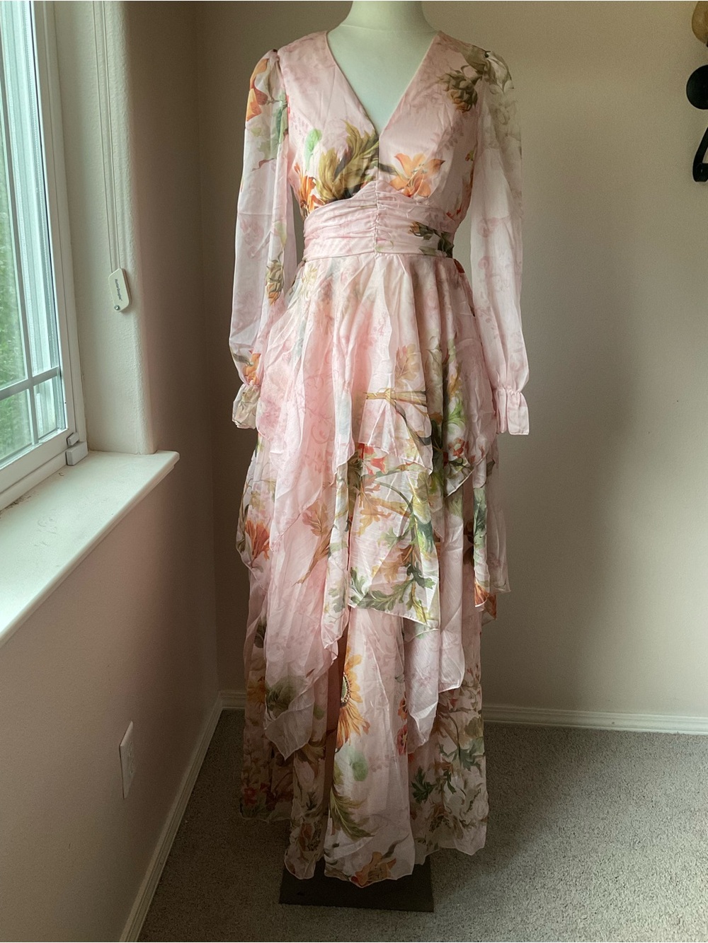 Pink Floral V-Neck Long Sleeve Tiered Maxi Dress